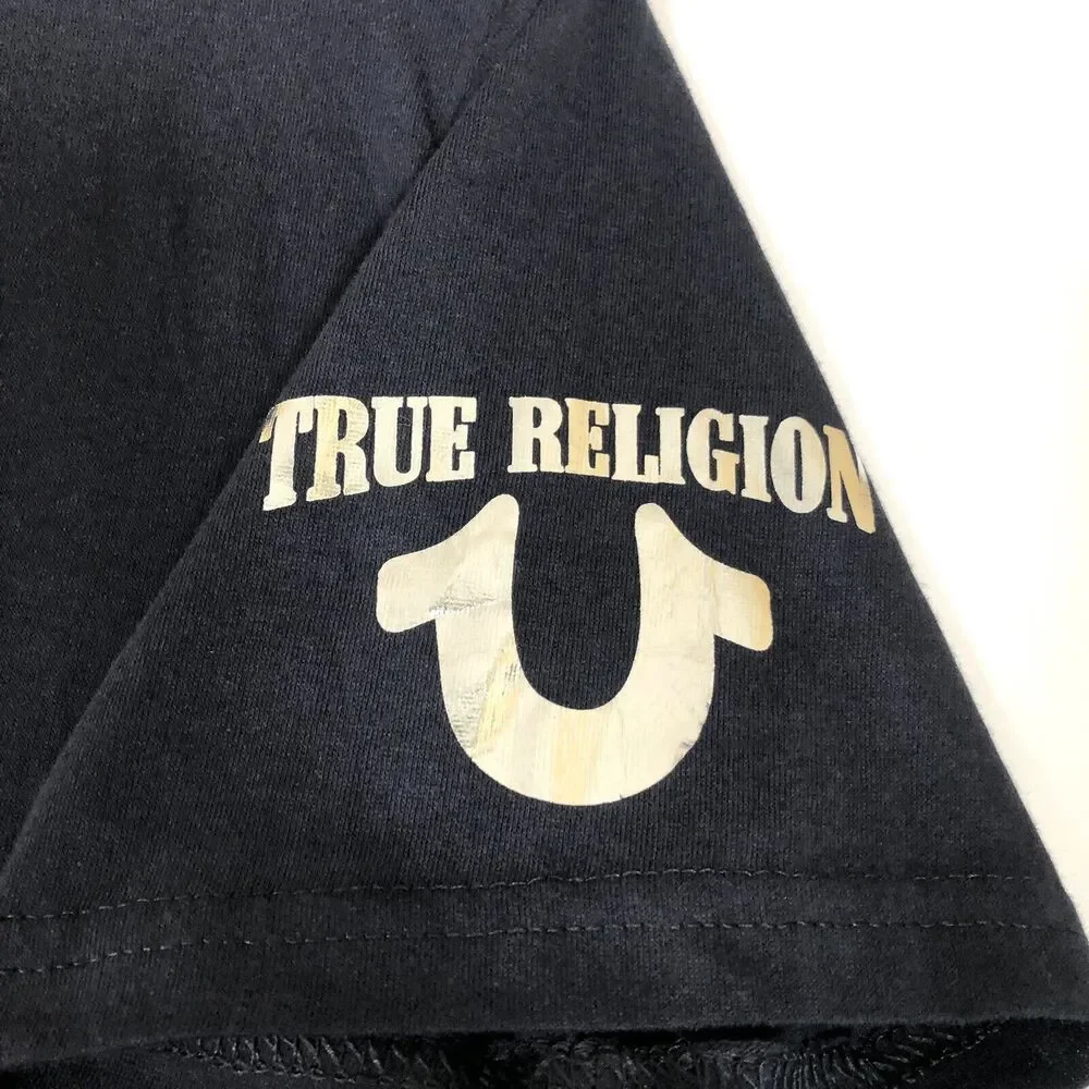 True Religion Mens Short Sleeve T-Shirt Size Large Silver Horseshoe Logo Black